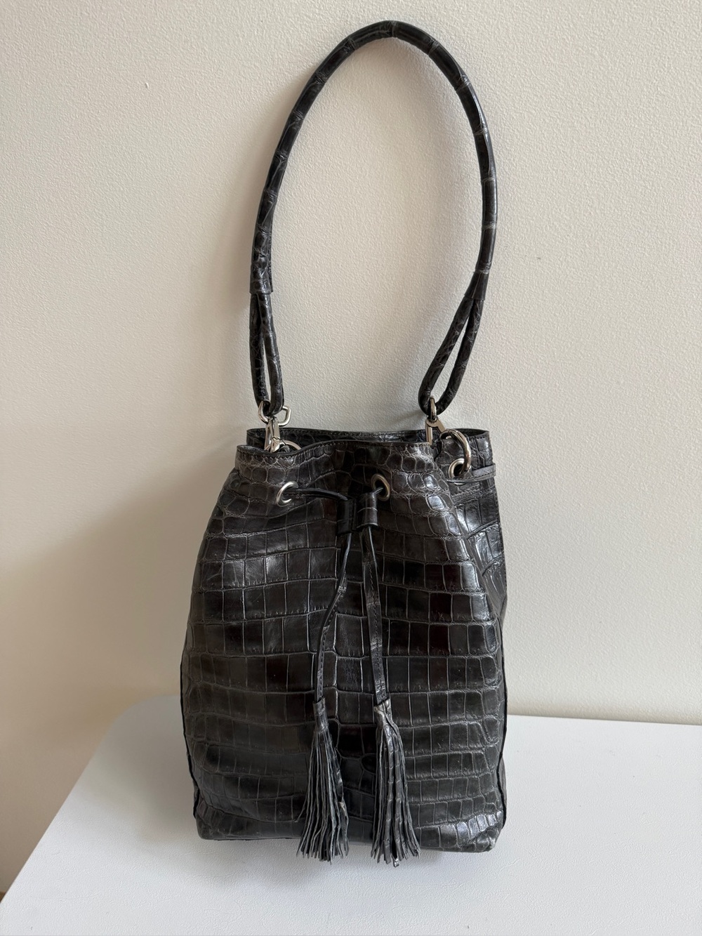 Genuine Crocodile Bucket Bag Handbag, Dark Gray